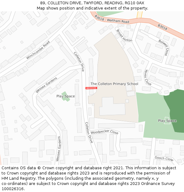 89, COLLETON DRIVE, TWYFORD, READING, RG10 0AX: Location map and indicative extent of plot