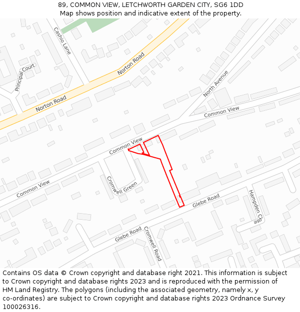 89, COMMON VIEW, LETCHWORTH GARDEN CITY, SG6 1DD: Location map and indicative extent of plot