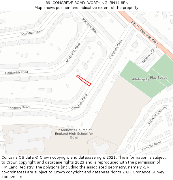 89, CONGREVE ROAD, WORTHING, BN14 8EN: Location map and indicative extent of plot