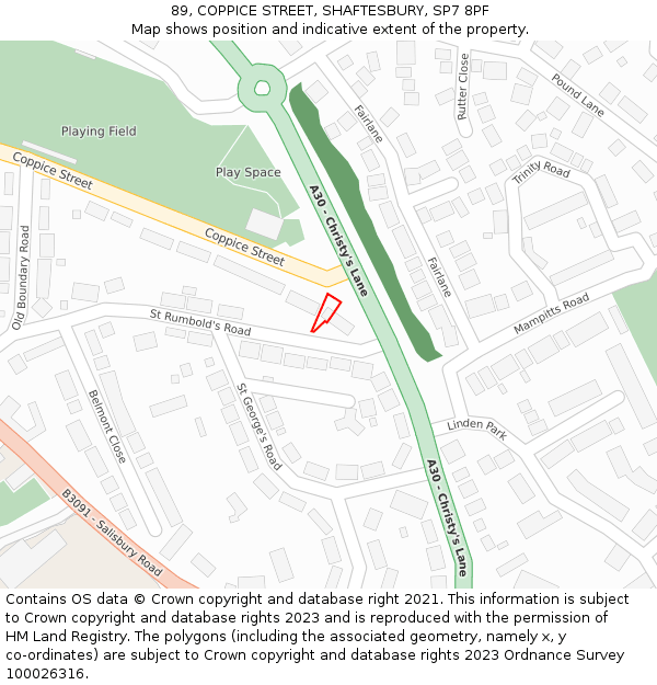 89, COPPICE STREET, SHAFTESBURY, SP7 8PF: Location map and indicative extent of plot