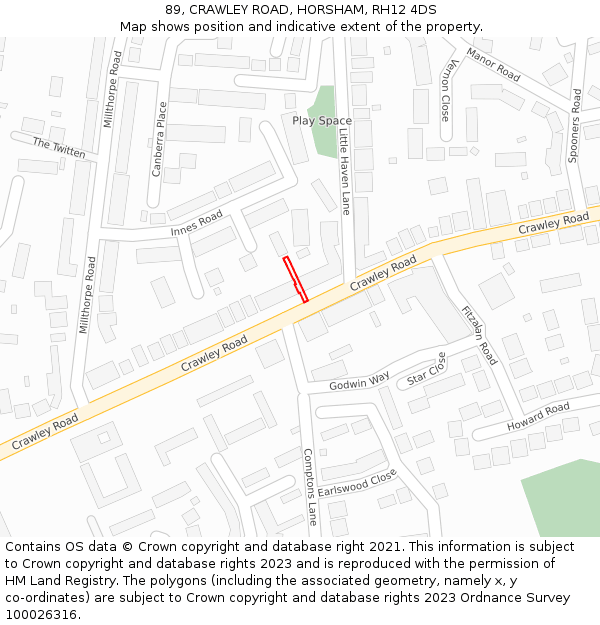 89, CRAWLEY ROAD, HORSHAM, RH12 4DS: Location map and indicative extent of plot