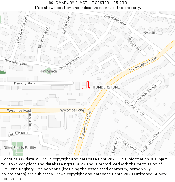 89, DANBURY PLACE, LEICESTER, LE5 0BB: Location map and indicative extent of plot
