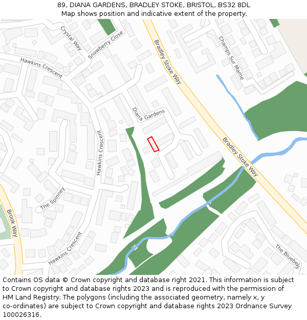 89, DIANA GARDENS, BRADLEY STOKE, BRISTOL, BS32 8DL: Location map and indicative extent of plot