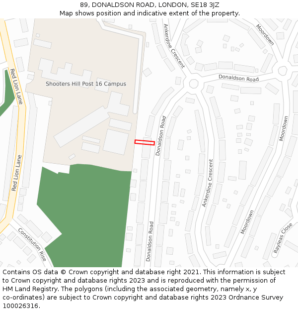 89, DONALDSON ROAD, LONDON, SE18 3JZ: Location map and indicative extent of plot