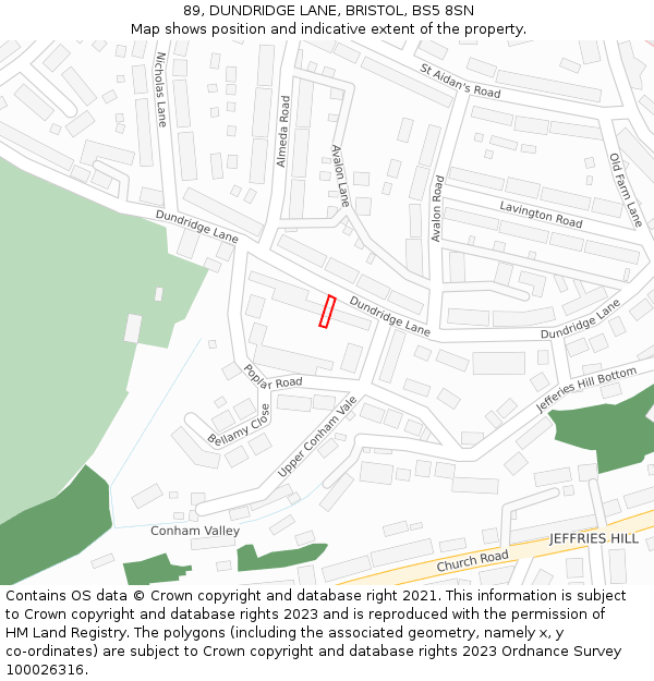 89, DUNDRIDGE LANE, BRISTOL, BS5 8SN: Location map and indicative extent of plot