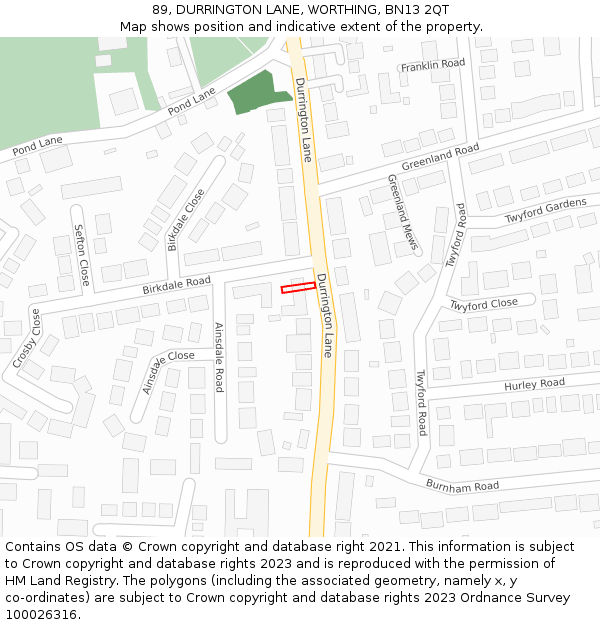 89, DURRINGTON LANE, WORTHING, BN13 2QT: Location map and indicative extent of plot