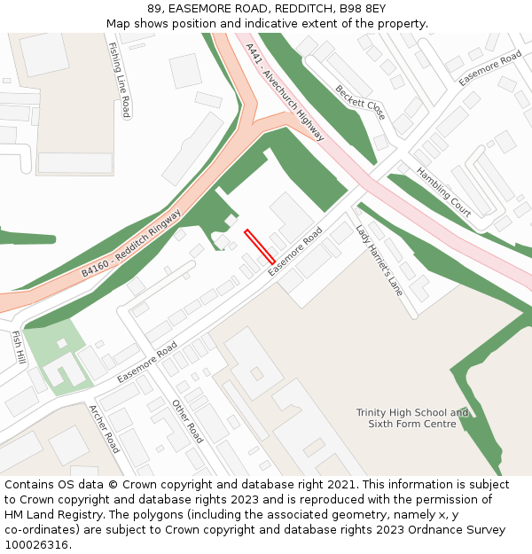 89, EASEMORE ROAD, REDDITCH, B98 8EY: Location map and indicative extent of plot