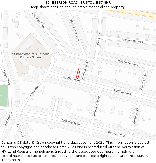 89, EGERTON ROAD, BRISTOL, BS7 8HR: Location map and indicative extent of plot