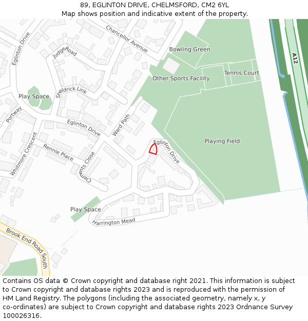 89, EGLINTON DRIVE, CHELMSFORD, CM2 6YL: Location map and indicative extent of plot