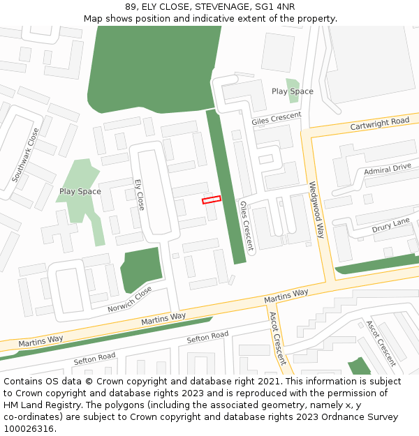 89, ELY CLOSE, STEVENAGE, SG1 4NR: Location map and indicative extent of plot