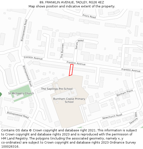 89, FRANKLIN AVENUE, TADLEY, RG26 4EZ: Location map and indicative extent of plot