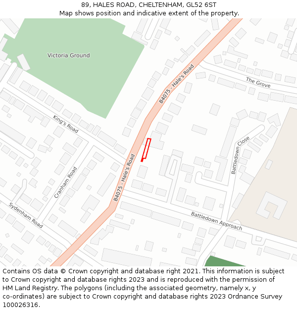 89, HALES ROAD, CHELTENHAM, GL52 6ST: Location map and indicative extent of plot