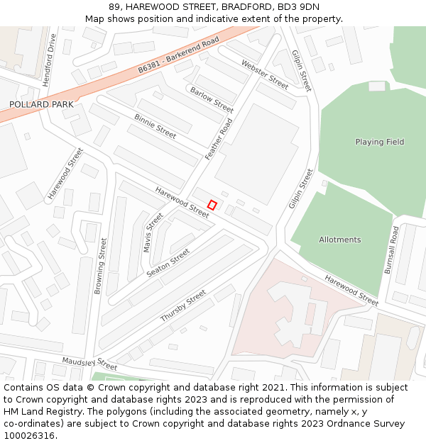 89, HAREWOOD STREET, BRADFORD, BD3 9DN: Location map and indicative extent of plot