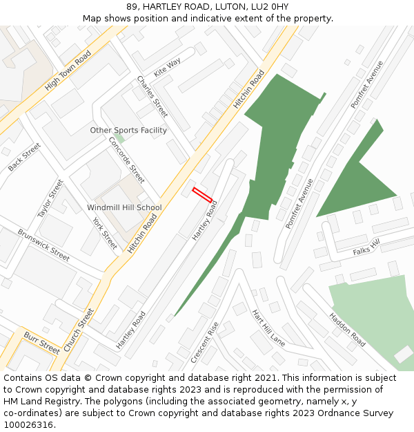 89, HARTLEY ROAD, LUTON, LU2 0HY: Location map and indicative extent of plot