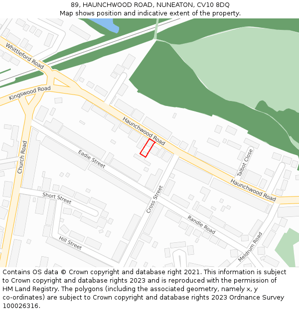 89, HAUNCHWOOD ROAD, NUNEATON, CV10 8DQ: Location map and indicative extent of plot