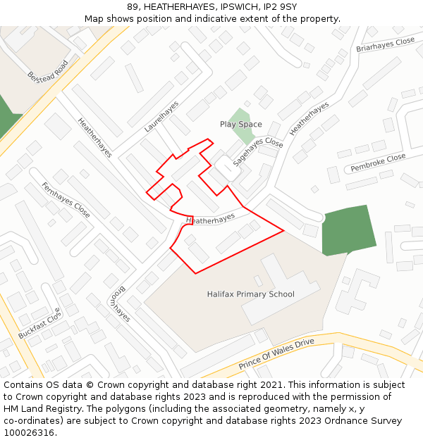 89, HEATHERHAYES, IPSWICH, IP2 9SY: Location map and indicative extent of plot