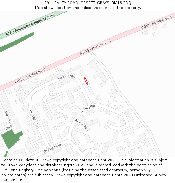 89, HEMLEY ROAD, ORSETT, GRAYS, RM16 3DQ: Location map and indicative extent of plot