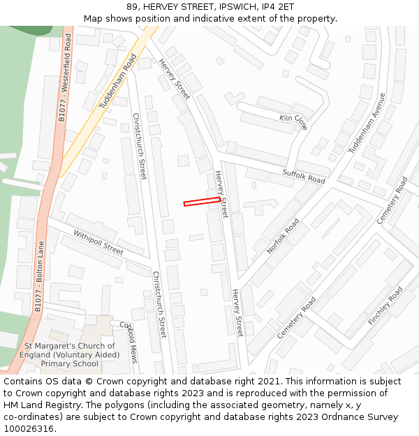 89, HERVEY STREET, IPSWICH, IP4 2ET: Location map and indicative extent of plot