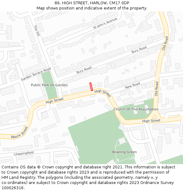 89, HIGH STREET, HARLOW, CM17 0DP: Location map and indicative extent of plot