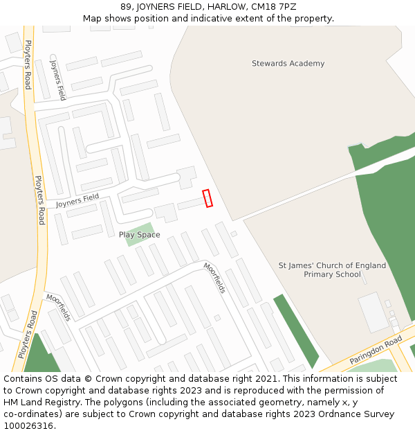 89, JOYNERS FIELD, HARLOW, CM18 7PZ: Location map and indicative extent of plot