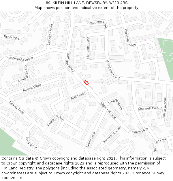 89, KILPIN HILL LANE, DEWSBURY, WF13 4BS: Location map and indicative extent of plot