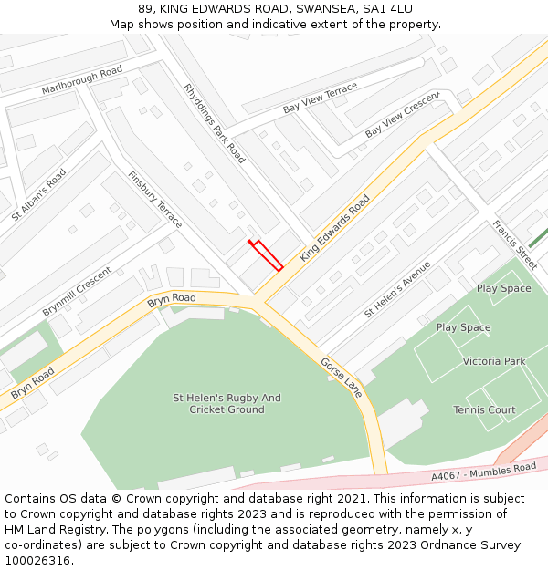 89, KING EDWARDS ROAD, SWANSEA, SA1 4LU: Location map and indicative extent of plot