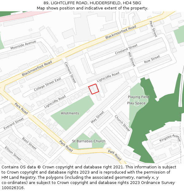 89, LIGHTCLIFFE ROAD, HUDDERSFIELD, HD4 5BG: Location map and indicative extent of plot