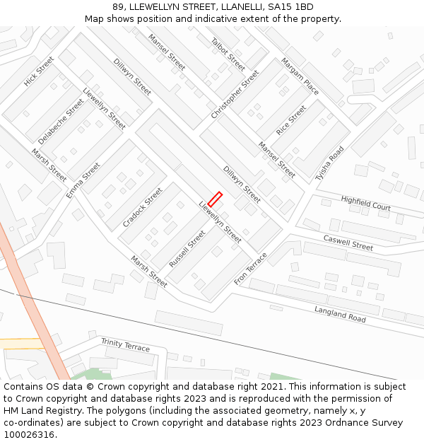 89, LLEWELLYN STREET, LLANELLI, SA15 1BD: Location map and indicative extent of plot