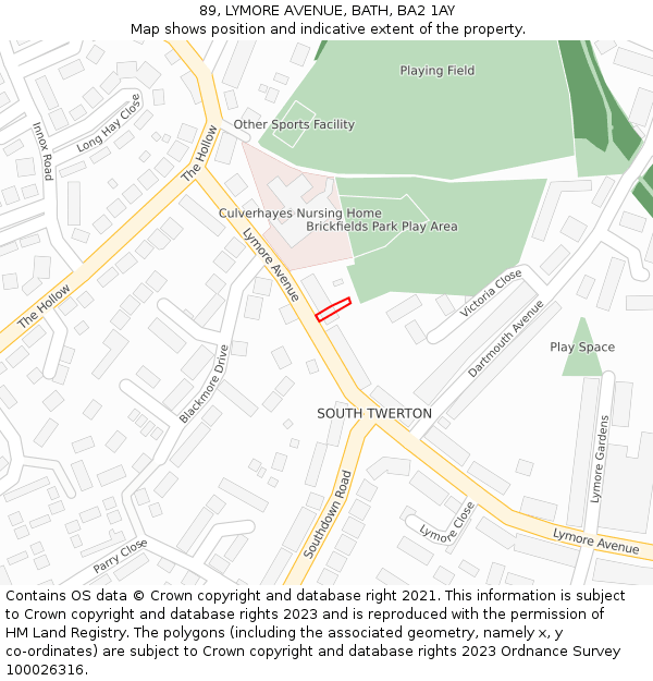 89, LYMORE AVENUE, BATH, BA2 1AY: Location map and indicative extent of plot