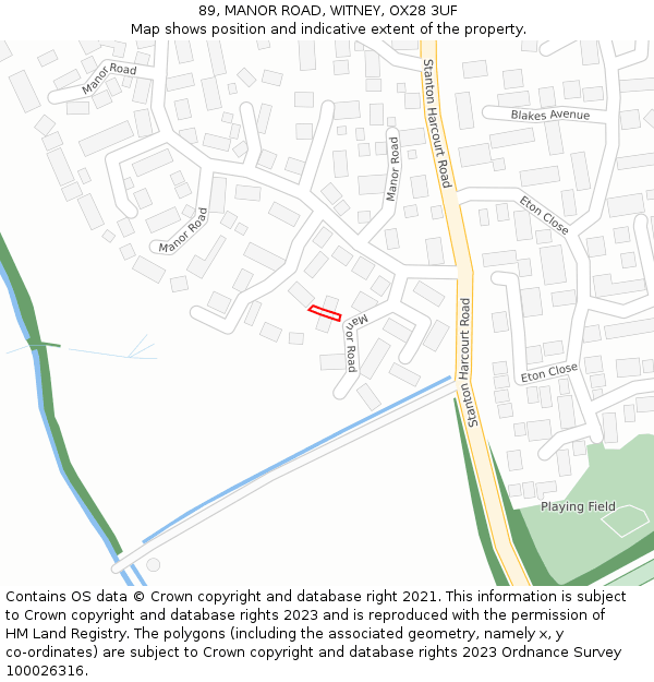 89, MANOR ROAD, WITNEY, OX28 3UF: Location map and indicative extent of plot