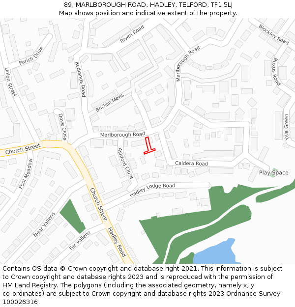 89, MARLBOROUGH ROAD, HADLEY, TELFORD, TF1 5LJ: Location map and indicative extent of plot
