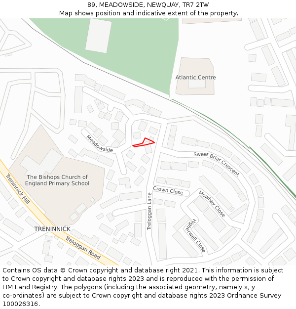 89, MEADOWSIDE, NEWQUAY, TR7 2TW: Location map and indicative extent of plot
