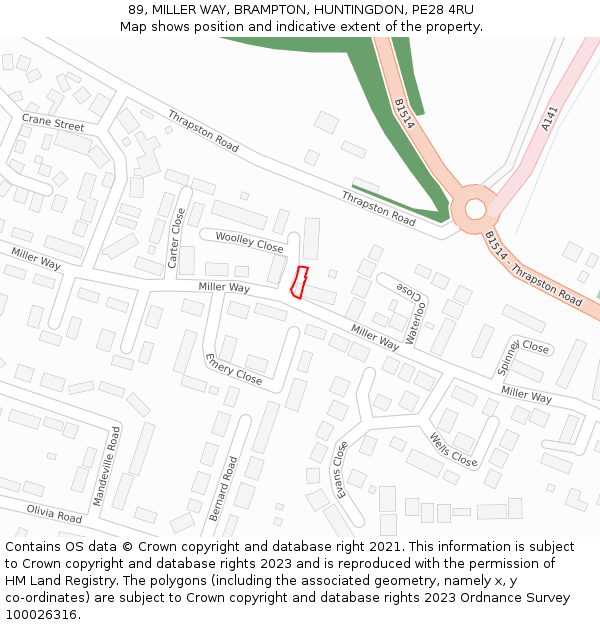 89, MILLER WAY, BRAMPTON, HUNTINGDON, PE28 4RU: Location map and indicative extent of plot