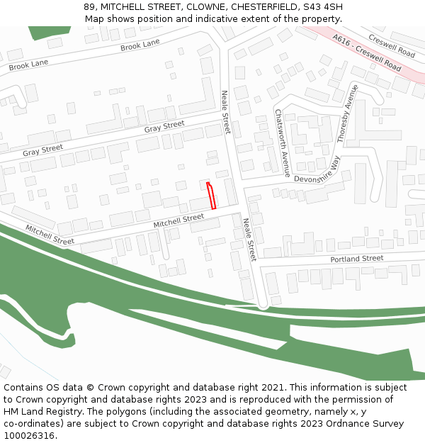 89, MITCHELL STREET, CLOWNE, CHESTERFIELD, S43 4SH: Location map and indicative extent of plot
