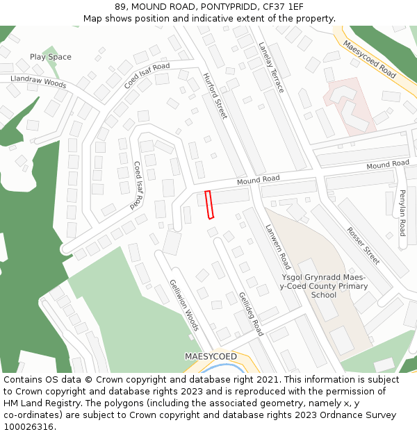 89, MOUND ROAD, PONTYPRIDD, CF37 1EF: Location map and indicative extent of plot