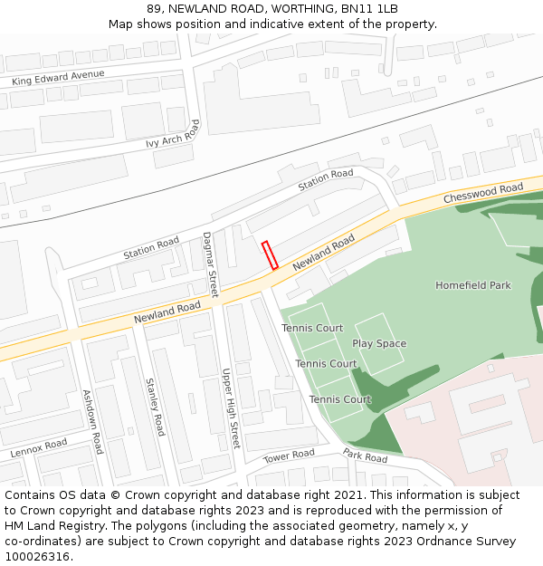89, NEWLAND ROAD, WORTHING, BN11 1LB: Location map and indicative extent of plot