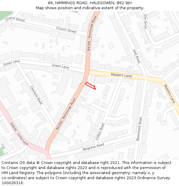 89, NIMMINGS ROAD, HALESOWEN, B62 9JH: Location map and indicative extent of plot