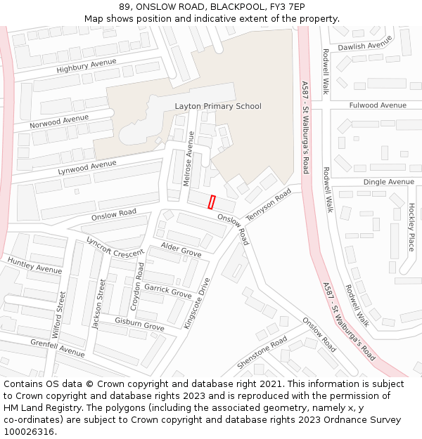 89, ONSLOW ROAD, BLACKPOOL, FY3 7EP: Location map and indicative extent of plot