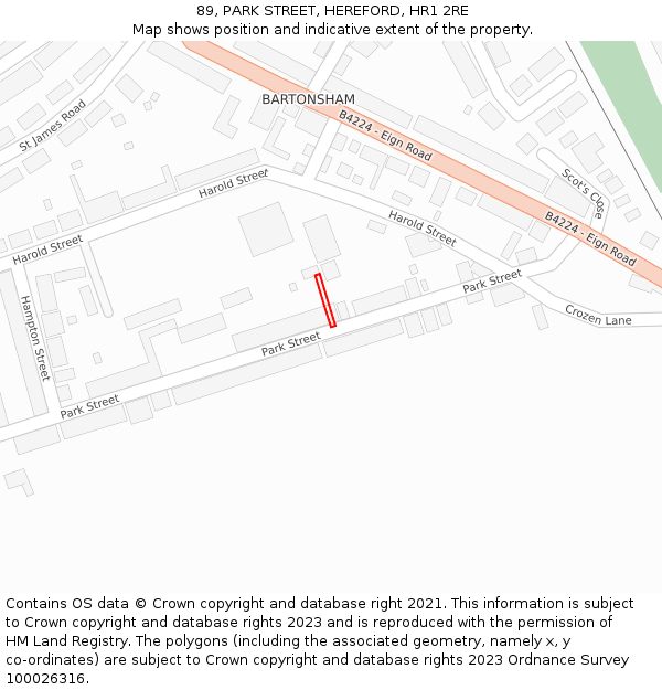 89, PARK STREET, HEREFORD, HR1 2RE: Location map and indicative extent of plot
