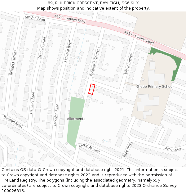 89, PHILBRICK CRESCENT, RAYLEIGH, SS6 9HX: Location map and indicative extent of plot