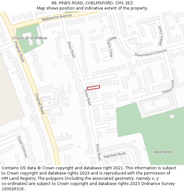 89, PINES ROAD, CHELMSFORD, CM1 2EZ: Location map and indicative extent of plot