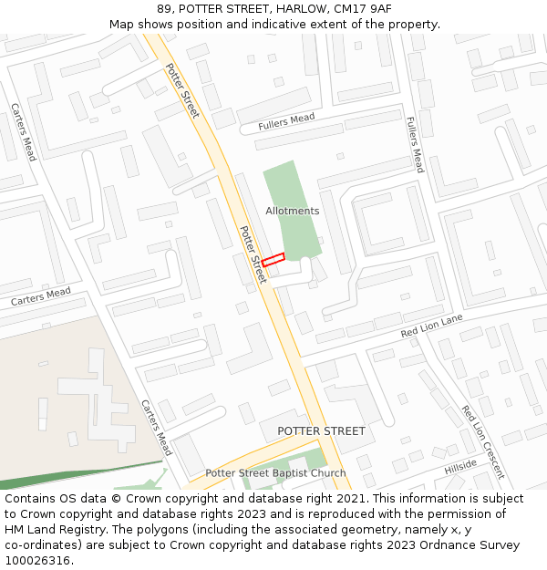 89, POTTER STREET, HARLOW, CM17 9AF: Location map and indicative extent of plot