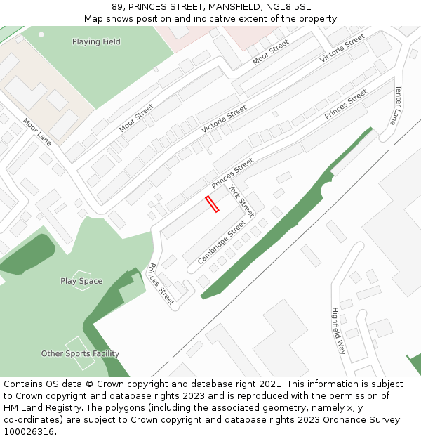 89, PRINCES STREET, MANSFIELD, NG18 5SL: Location map and indicative extent of plot