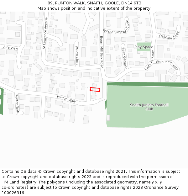 89, PUNTON WALK, SNAITH, GOOLE, DN14 9TB: Location map and indicative extent of plot