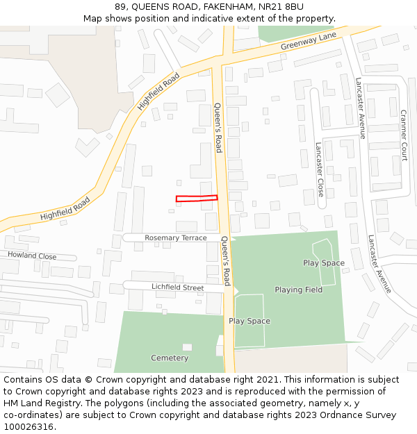 89, QUEENS ROAD, FAKENHAM, NR21 8BU: Location map and indicative extent of plot