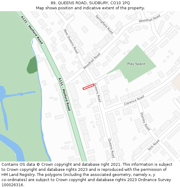 89, QUEENS ROAD, SUDBURY, CO10 1PQ: Location map and indicative extent of plot
