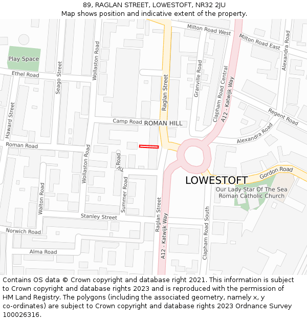 89, RAGLAN STREET, LOWESTOFT, NR32 2JU: Location map and indicative extent of plot