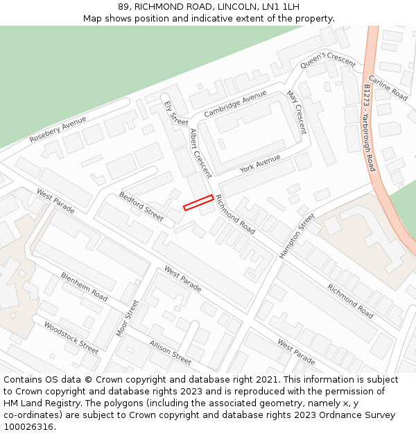 89, RICHMOND ROAD, LINCOLN, LN1 1LH: Location map and indicative extent of plot