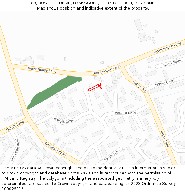 89, ROSEHILL DRIVE, BRANSGORE, CHRISTCHURCH, BH23 8NR: Location map and indicative extent of plot