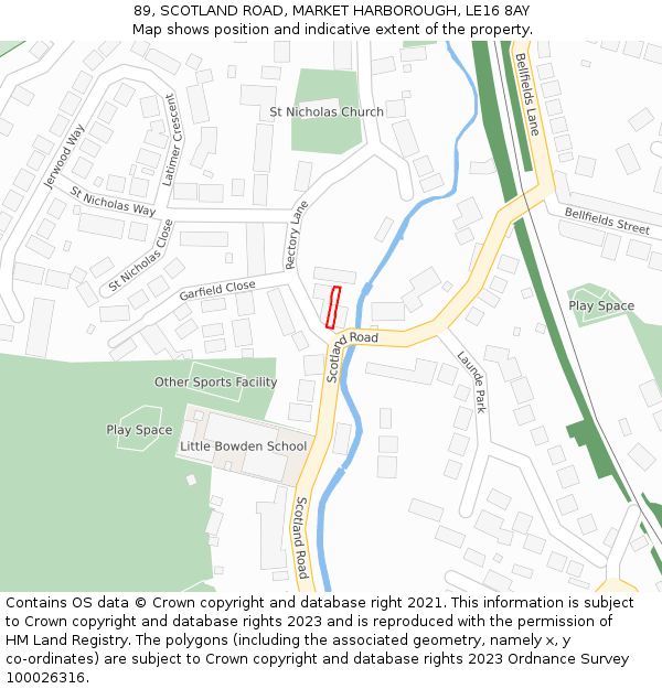 89, SCOTLAND ROAD, MARKET HARBOROUGH, LE16 8AY: Location map and indicative extent of plot